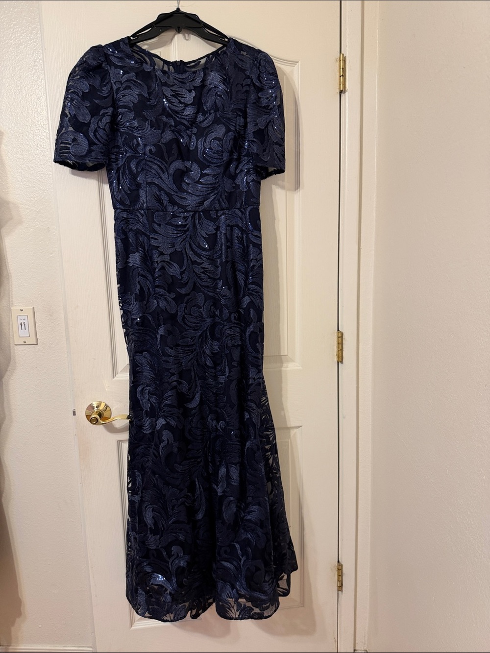 Xscape Navy Sequin Embroidered Maxi Dress